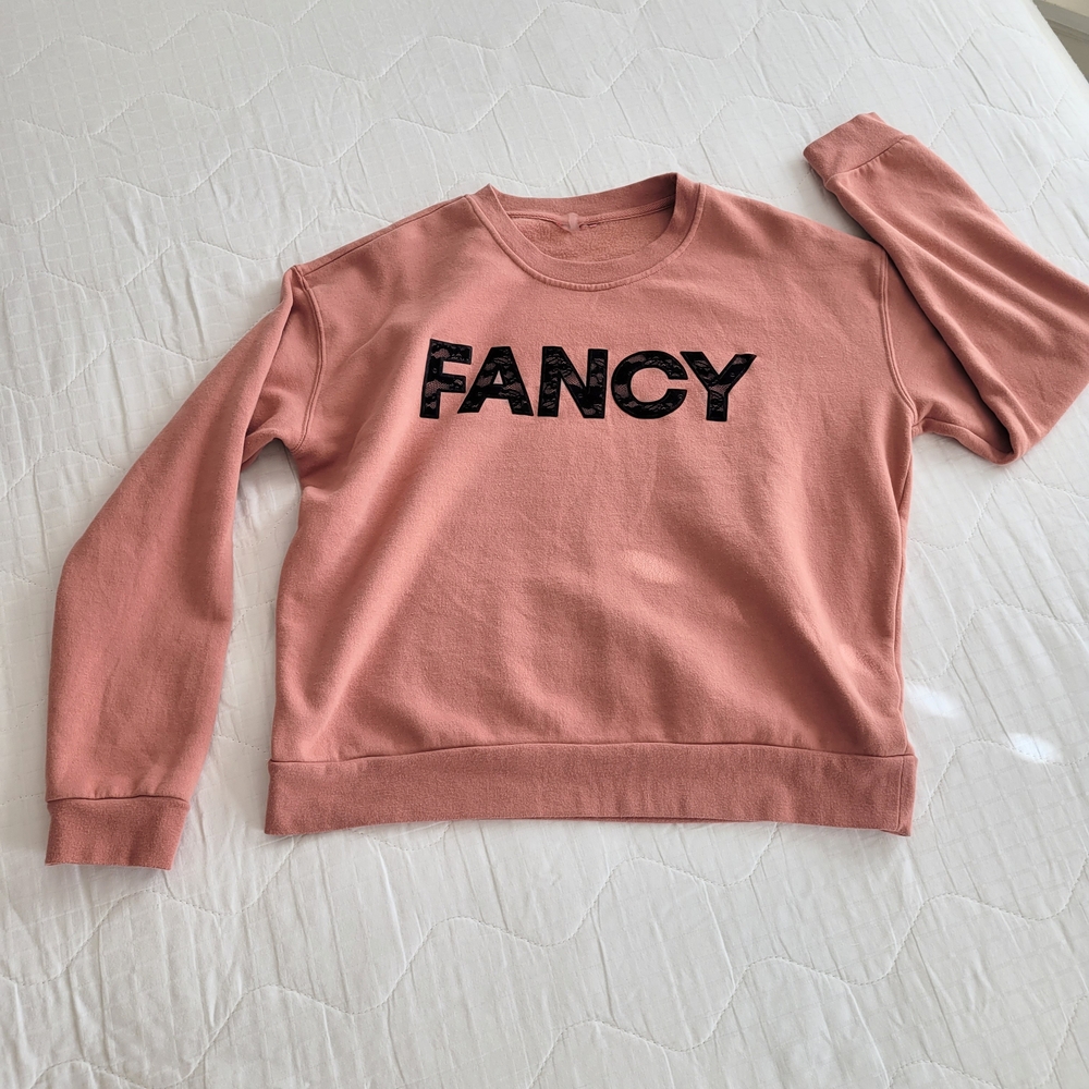 'Fancy' Betsey Johnson Performance lace Applique Salmon Crewneck Sweatshirt XL - Picture 2 of 10